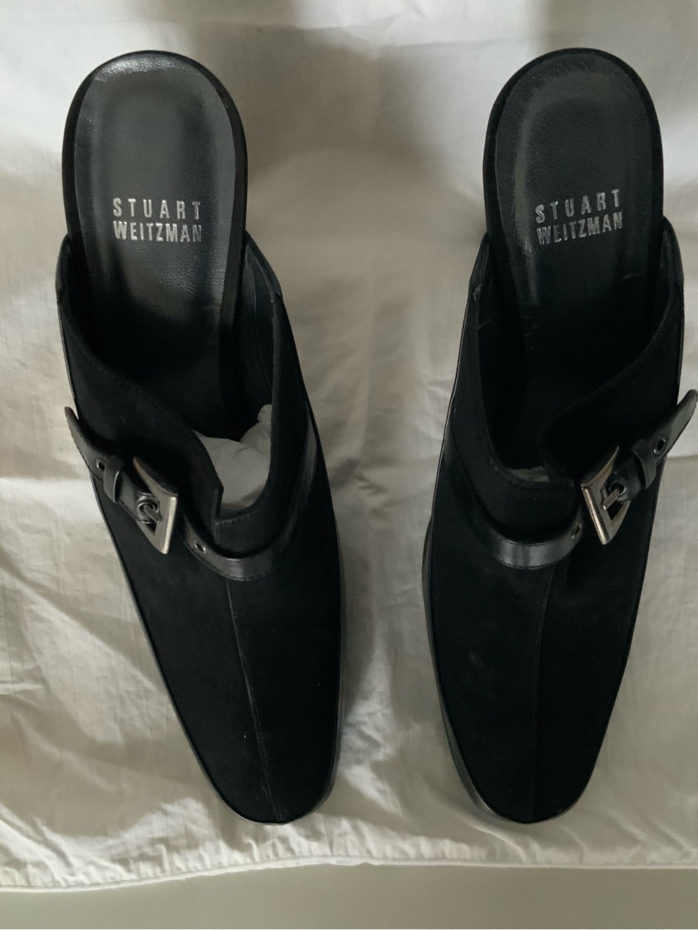 Stuart Weitzman Suede Buckle Mules